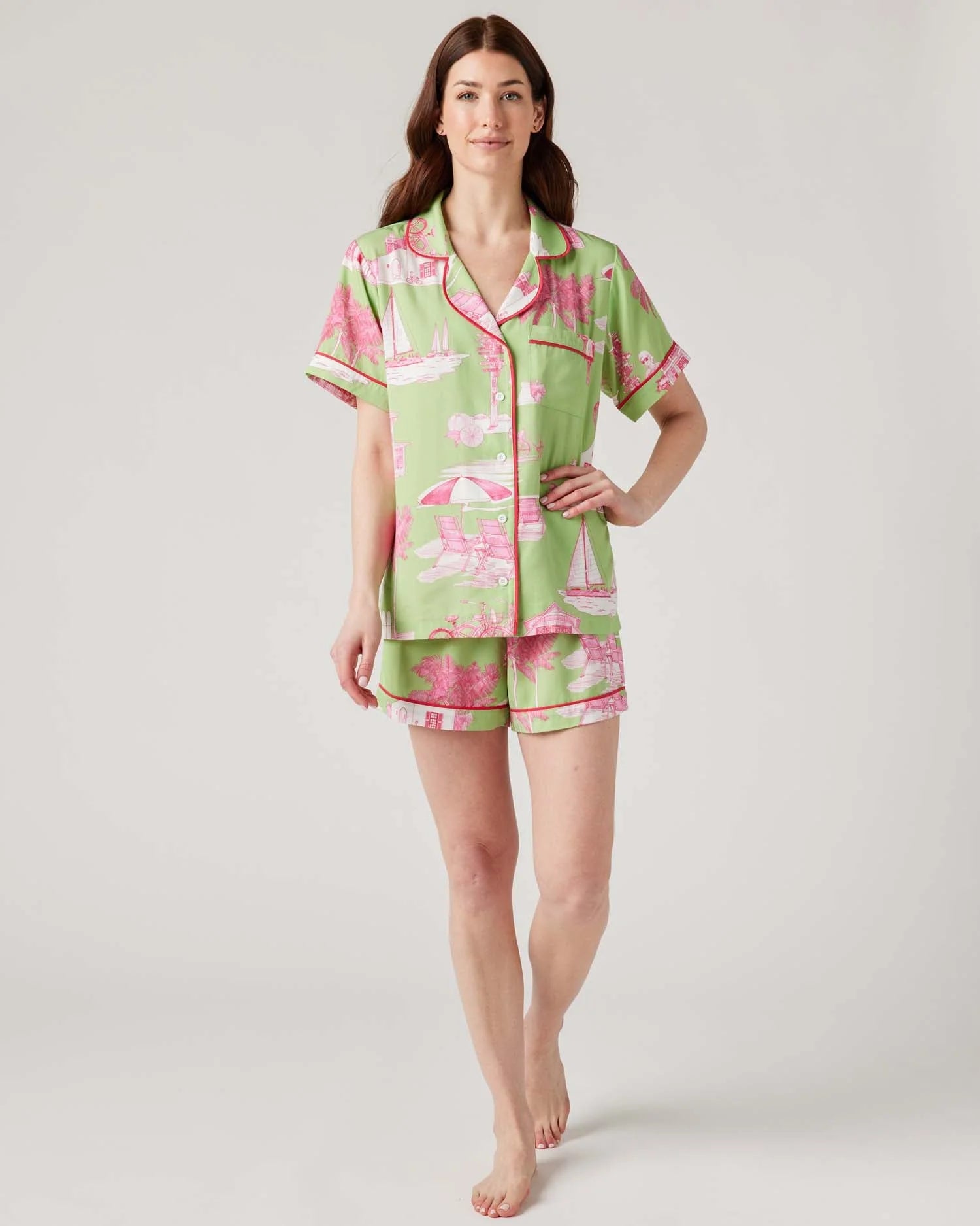 Florida Toile Pajama Shorts Set - Green Pink