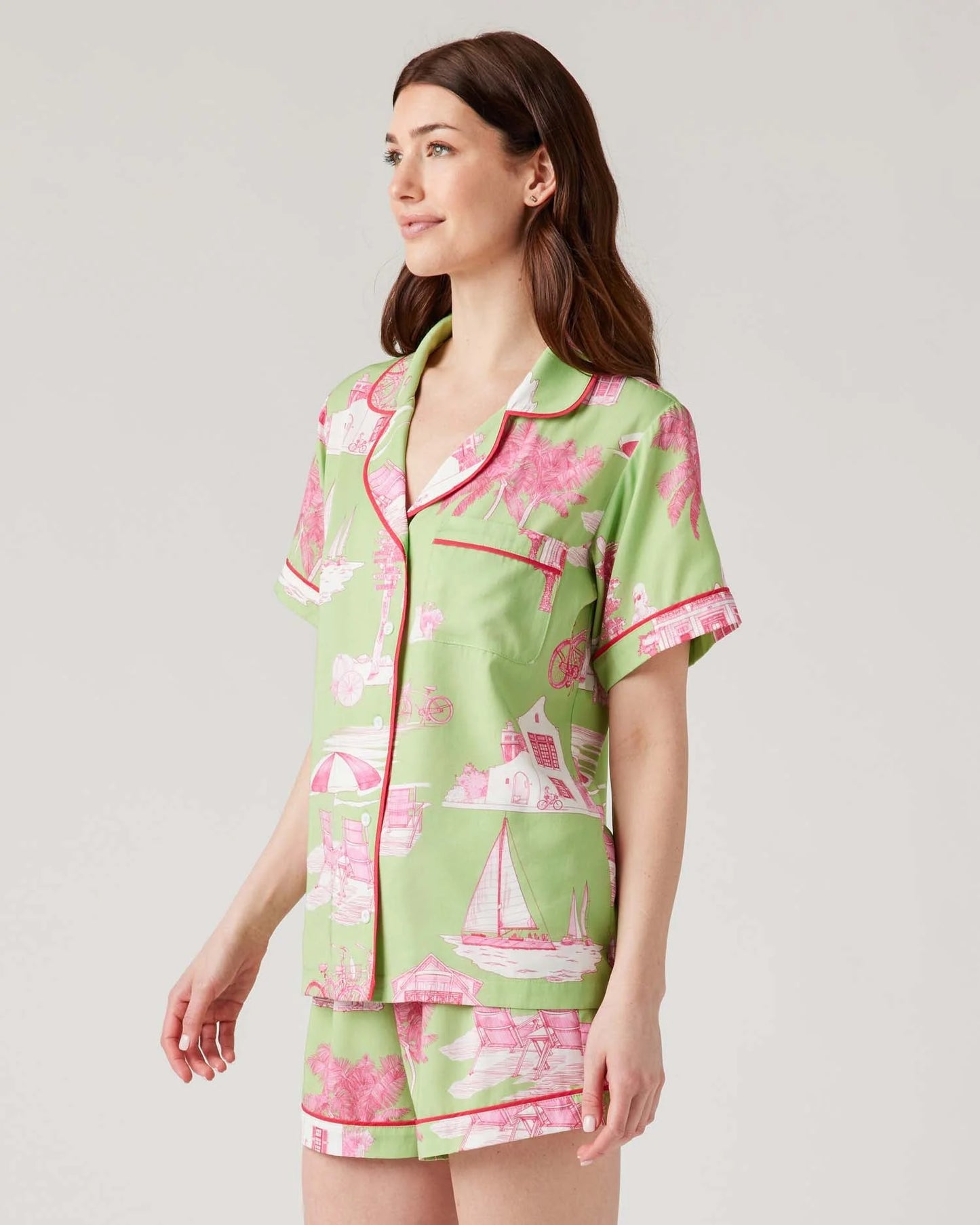 KATIE KIME - Florida Toile Pajama Shorts Set - Green Pink