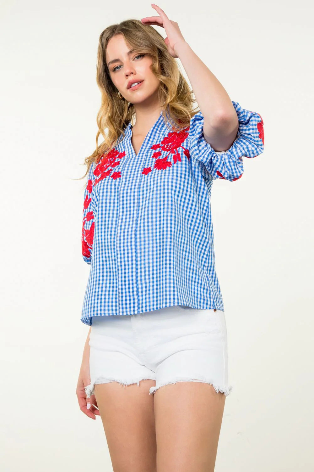 THML - Embroidered Puff Sleeve Gingham Top - Blue