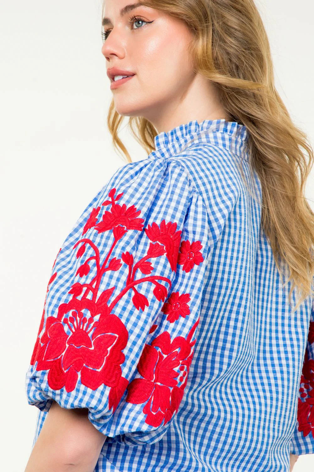 THML - Embroidered Puff Sleeve Gingham Top - Blue