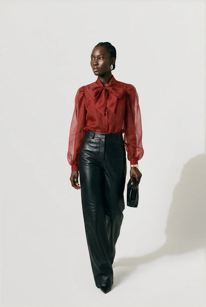 The Long Sleeve French Bow Shirt in Burgundy