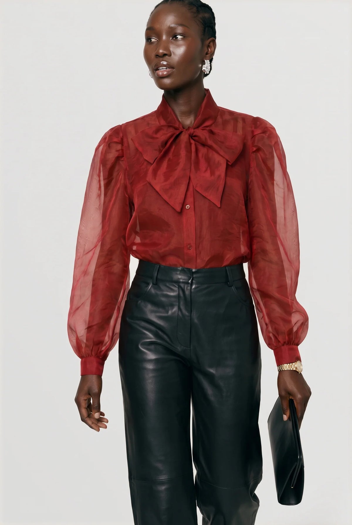 The Long Sleeve French Bow Shirt in Burgundy