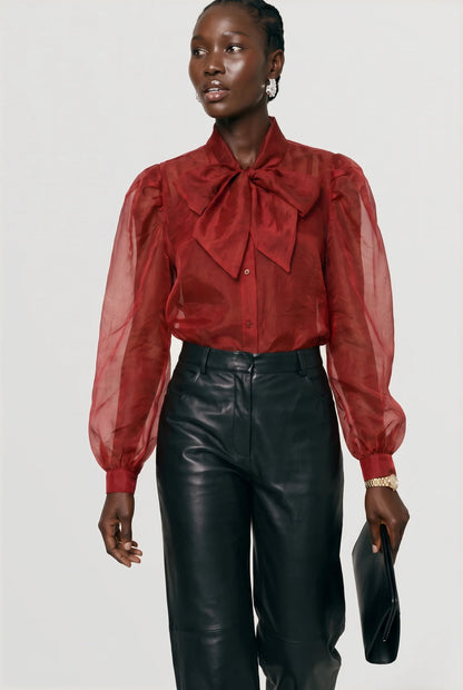 The Long Sleeve French Bow Shirt in Burgundy