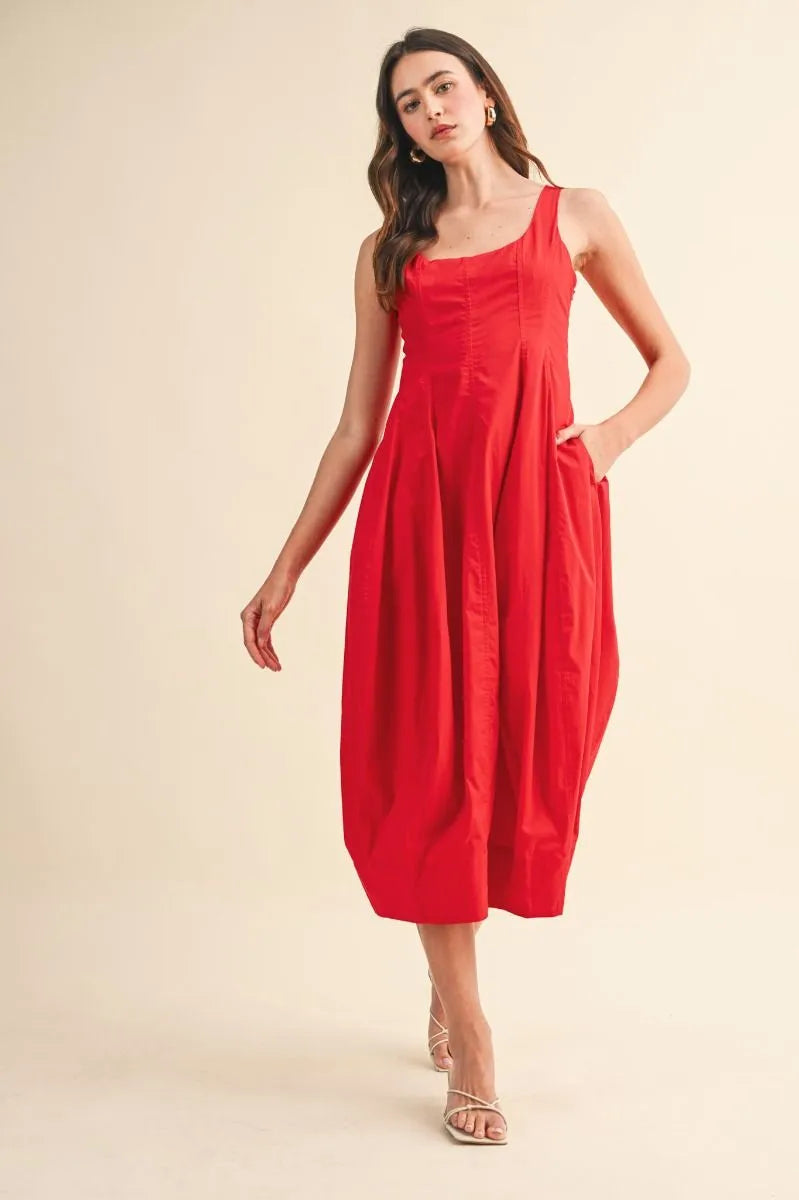 Tulip Hem Midi Dress - Red