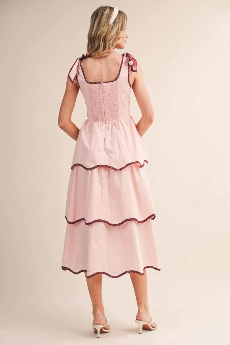 Contrast Binding Tiered Midi Dress - Pink Bloom