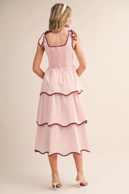 Contrast Binding Tiered Midi Dress - Pink Bloom