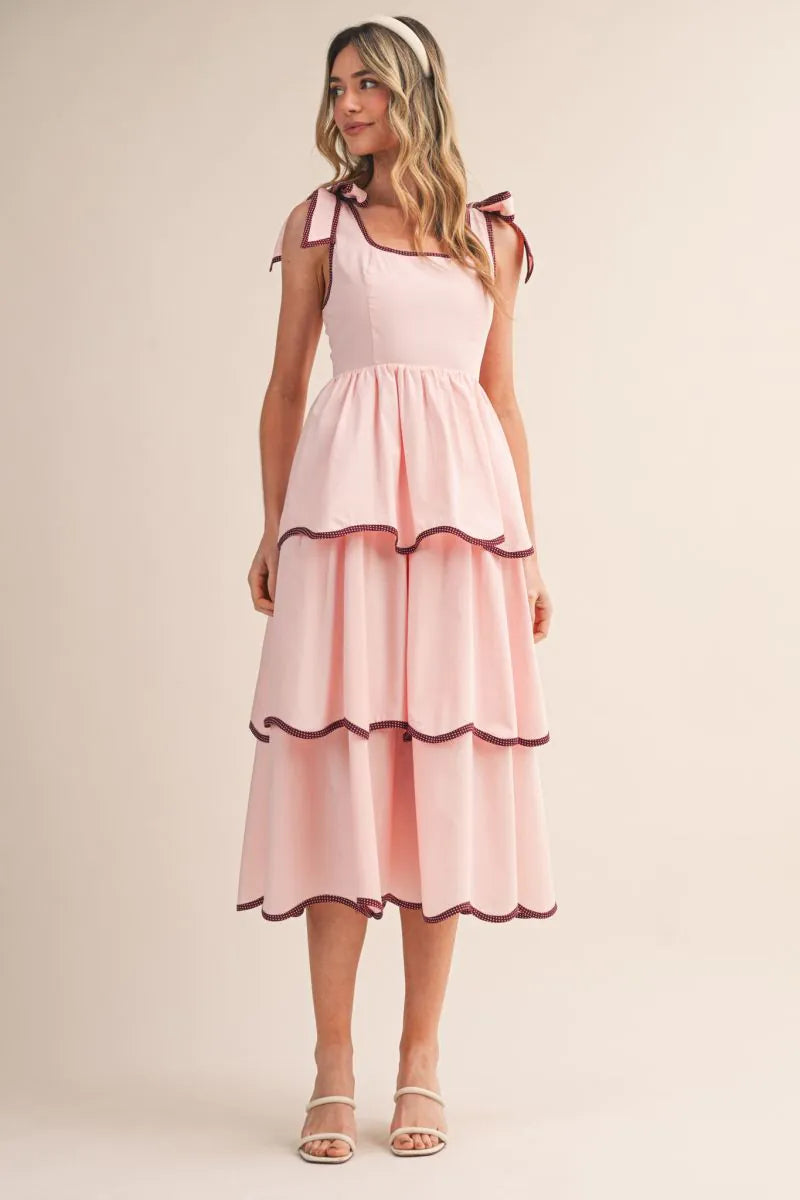 Contrast Binding Tiered Midi Dress - Pink Bloom
