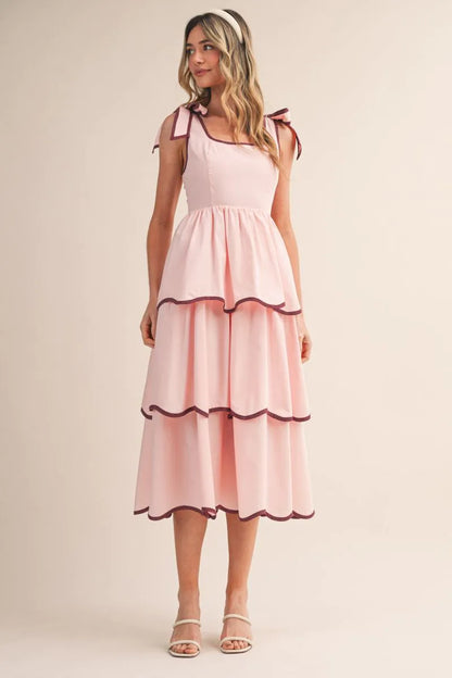 Contrast Binding Tiered Midi Dress - Pink Bloom