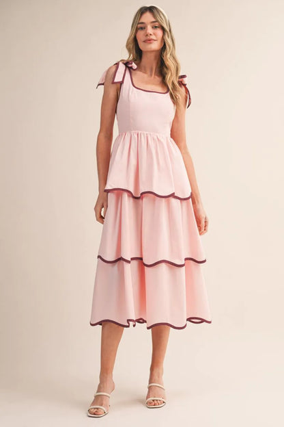 Contrast Binding Tiered Midi Dress - Pink Bloom