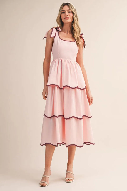 Contrast Binding Tiered Midi Dress - Pink Bloom