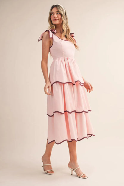 Contrast Binding Tiered Midi Dress - Pink Bloom