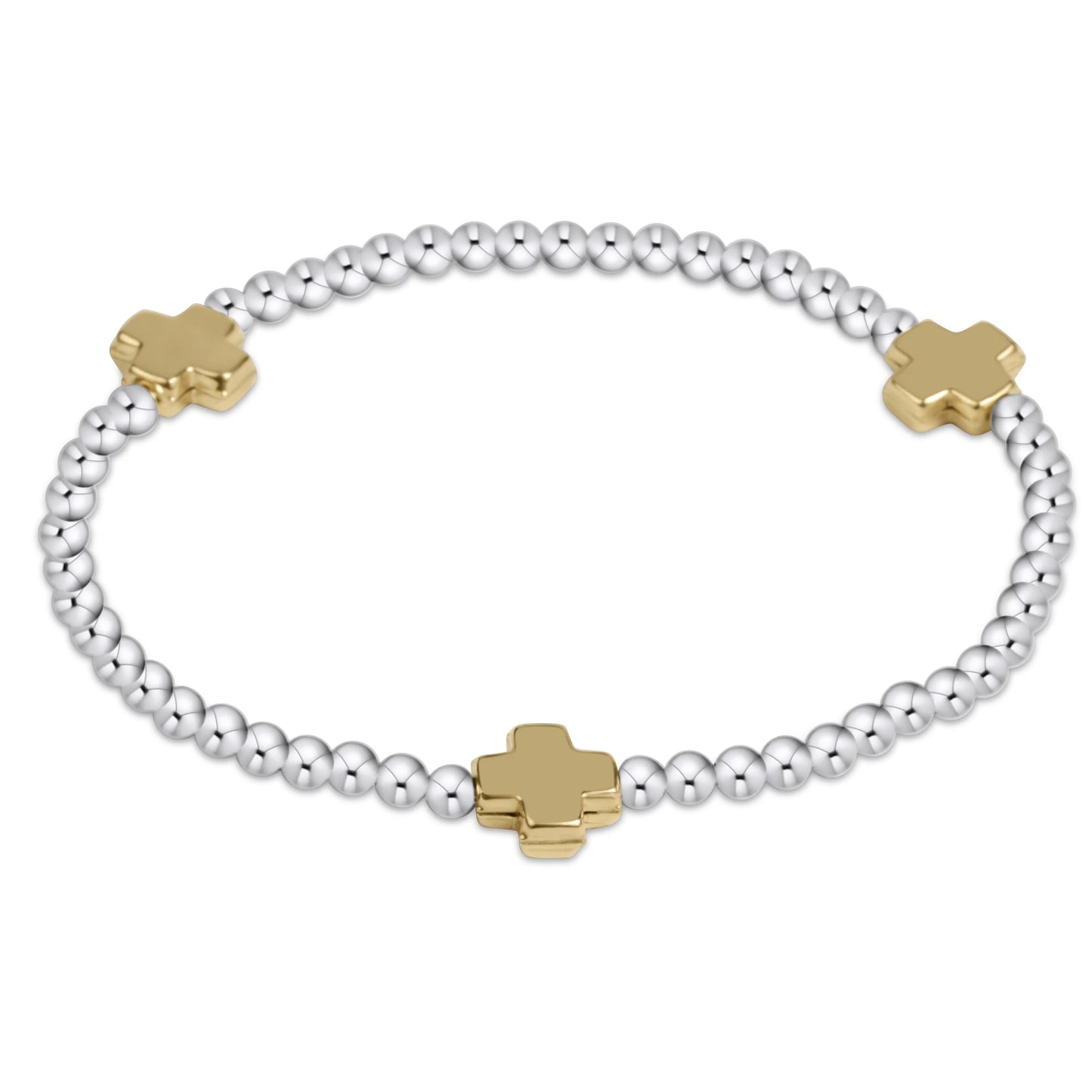 eNewton - Signature Cross Sterling Mixed Metal Pattern 3mm Bead Bracelet - Gold