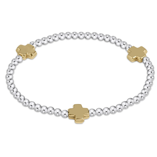 eNewton - Signature Cross Sterling Mixed Metal Pattern 3mm Bead Bracelet - Gold