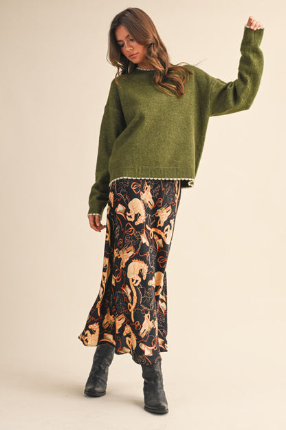 Satin Western Print Slip Skirt - Black Multi