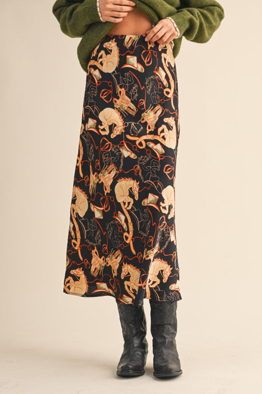 Satin Western Print Slip Skirt - Black Multi