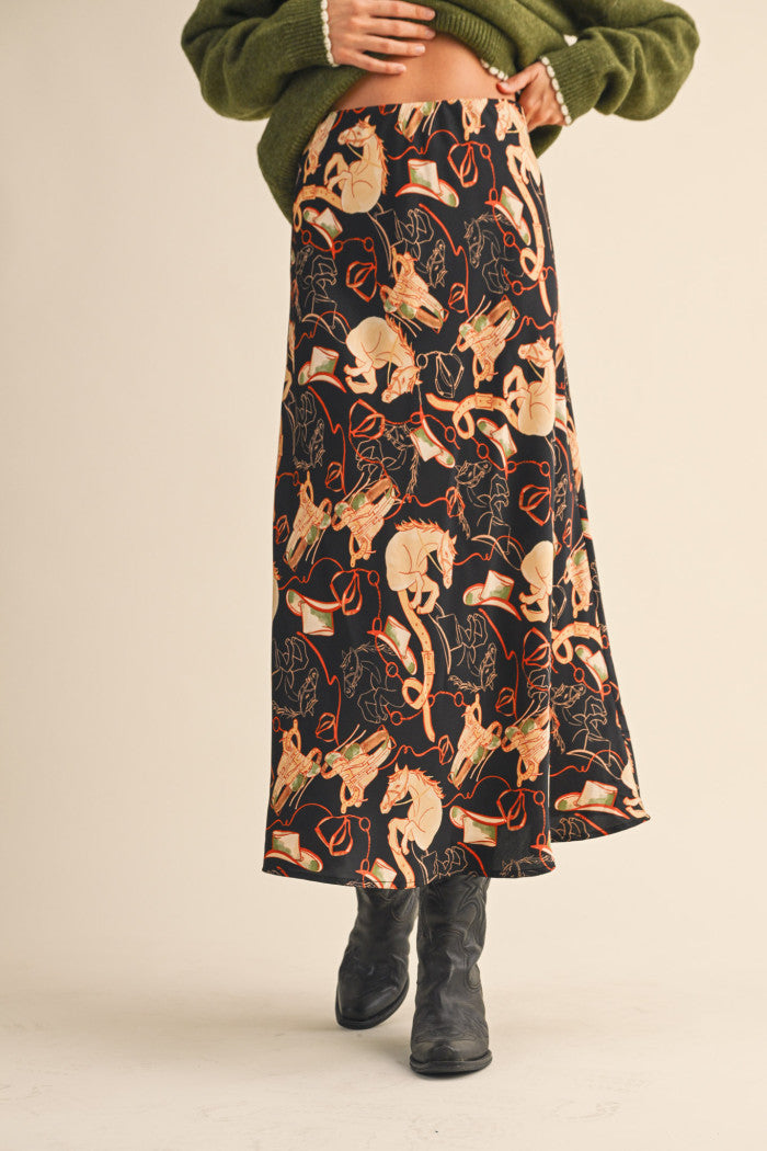 Satin Western Print Slip Skirt - Black Multi