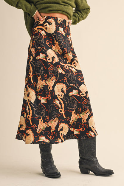 Satin Western Print Slip Skirt - Black Multi