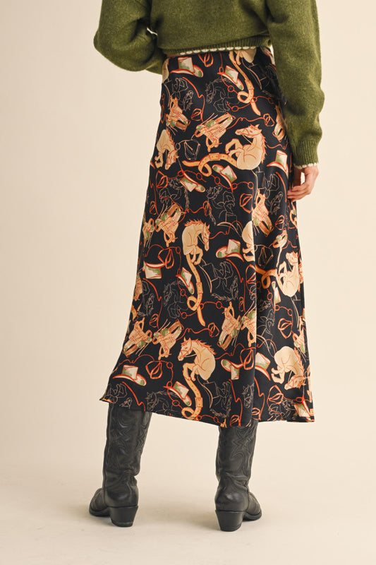 Satin Western Print Slip Skirt - Black Multi