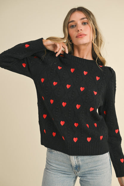 Heart Embroidered Pom Pom Sweater - Black Red
