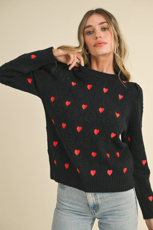 Heart Embroidered Pom Pom Sweater - Black Red