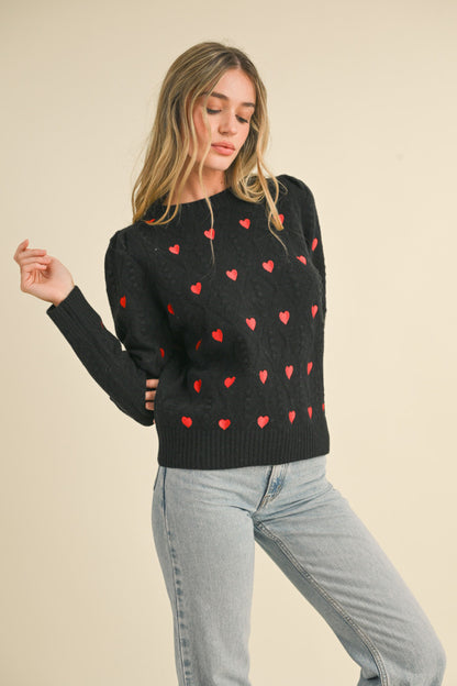Heart Embroidered Pom Pom Sweater - Black Red