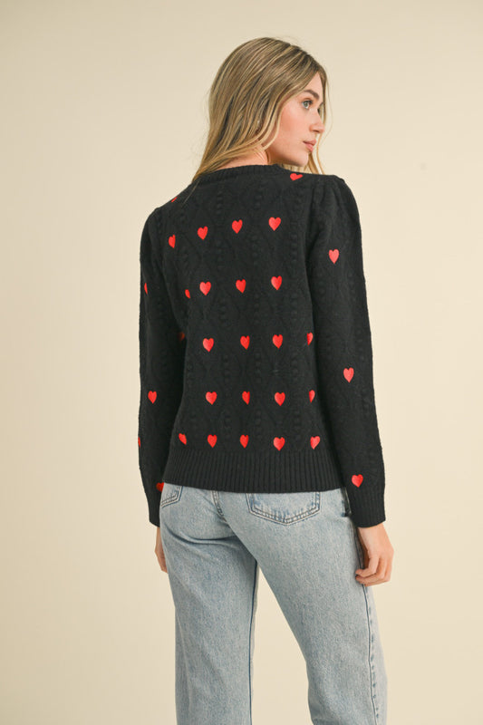 Heart Embroidered Pom Pom Sweater - Black Red