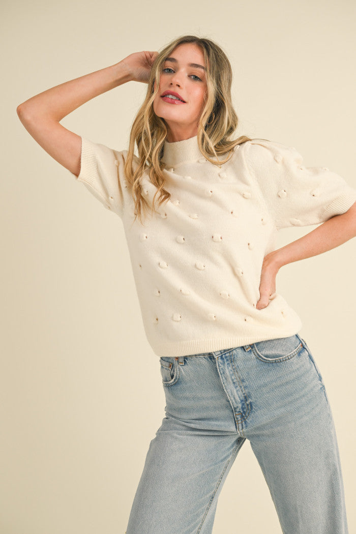 Popcorn Knit Short Sleeve Sweater - Ivory