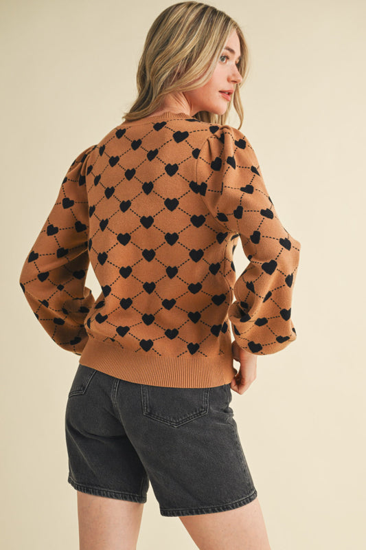 Heart Knit Puff Sleeve Sweater - Camel Black