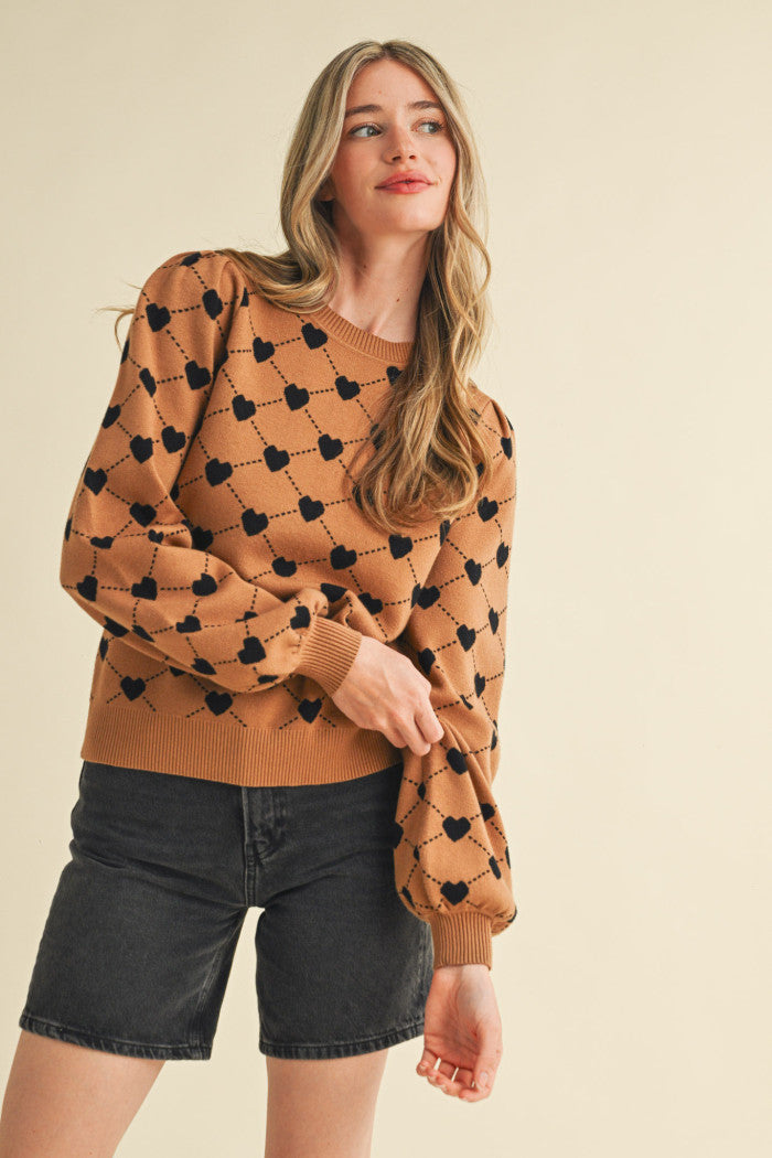 Heart Knit Puff Sleeve Sweater - Camel Black