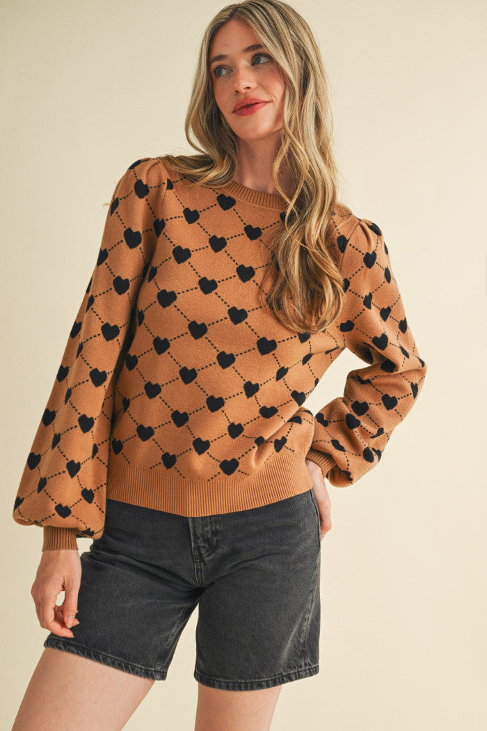 Heart Knit Puff Sleeve Sweater - Camel Black