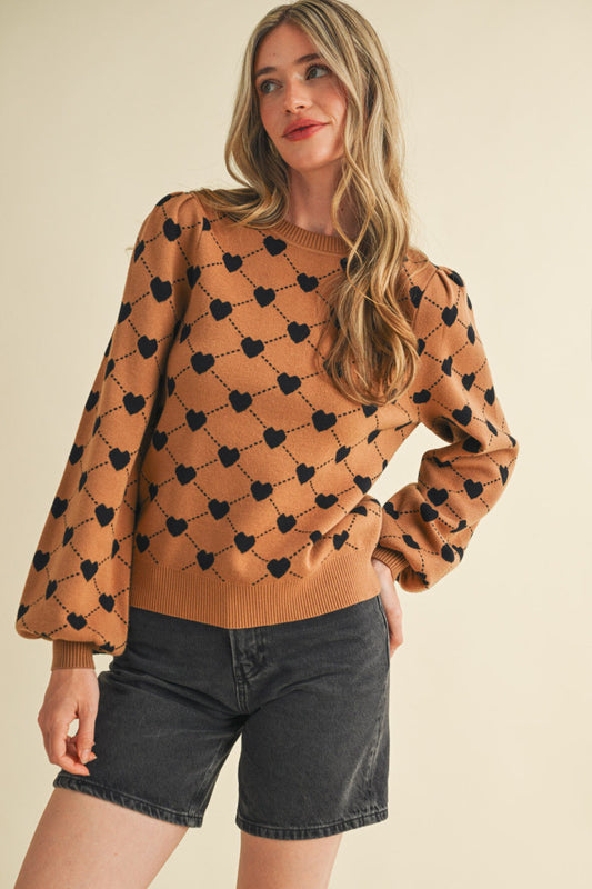 Heart Knit Puff Sleeve Sweater - Camel Black