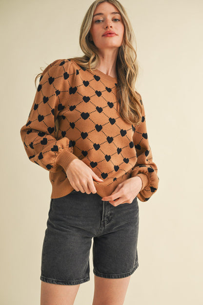 Heart Knit Puff Sleeve Sweater - Camel Black