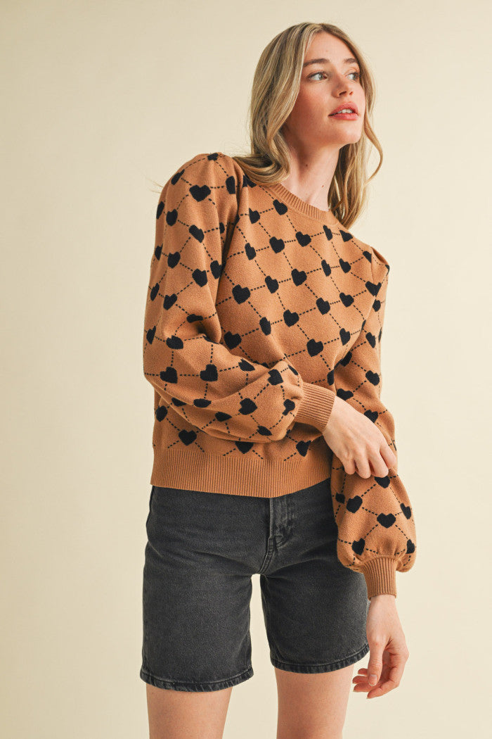 Heart Knit Puff Sleeve Sweater - Camel Black