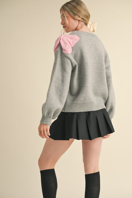 Bow Shoulder Sweater - Heather Grey/Light Pink