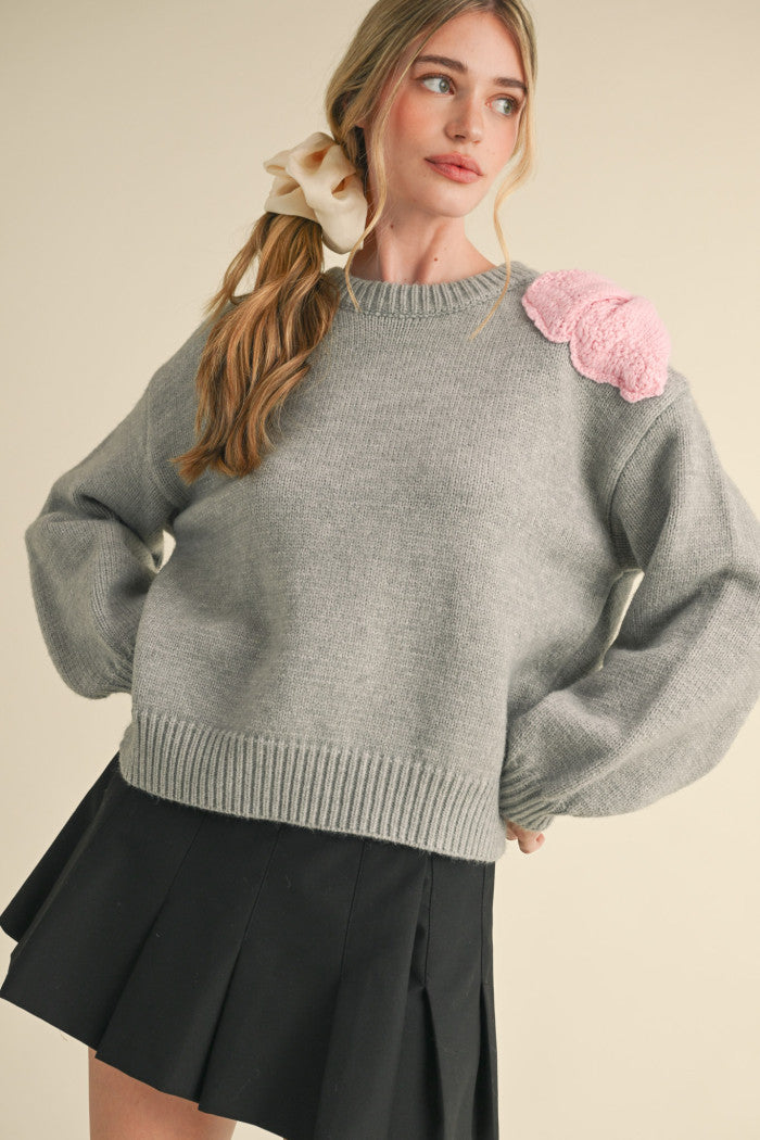 Bow Shoulder Sweater - Heather Grey/Light Pink
