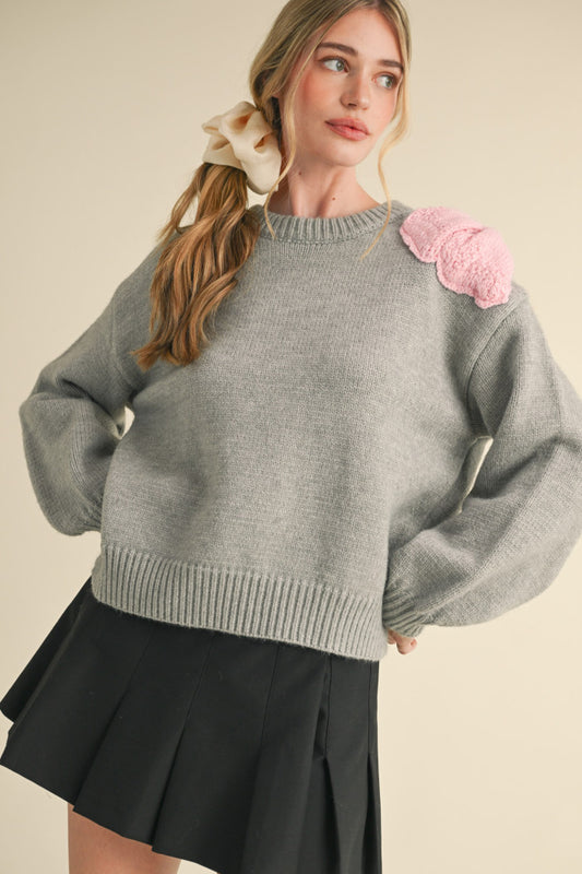 Bow Shoulder Sweater - Heather Grey/Light Pink