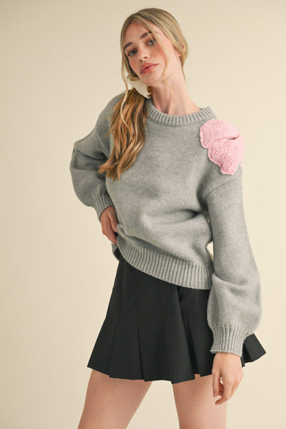 Bow Shoulder Sweater - Heather Grey/Light Pink