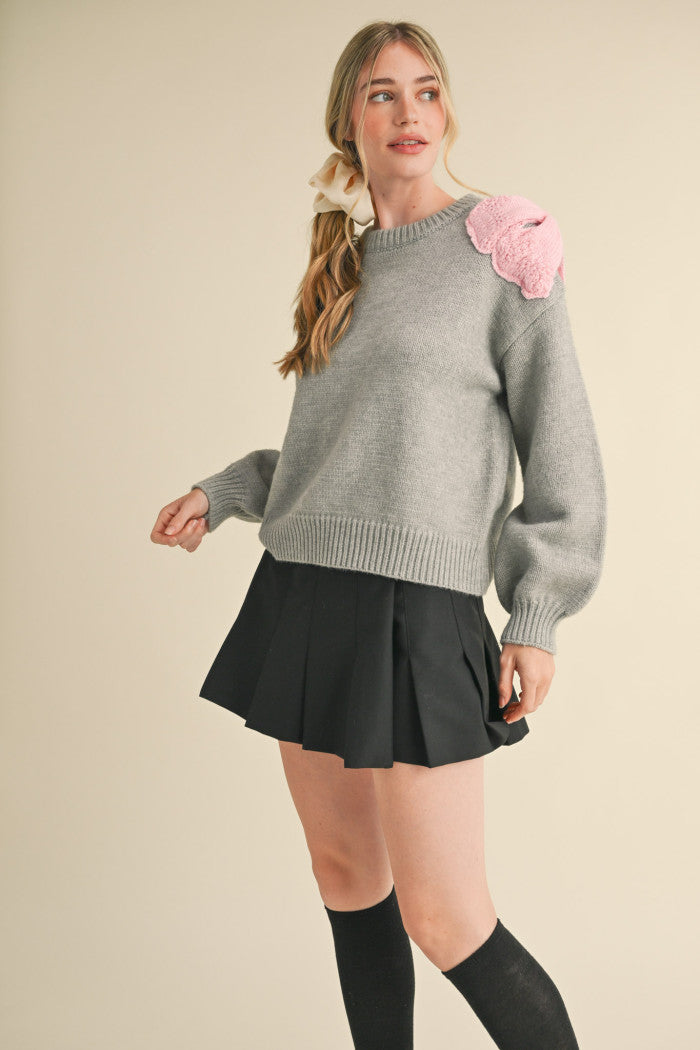 Bow Shoulder Sweater - Heather Grey/Light Pink
