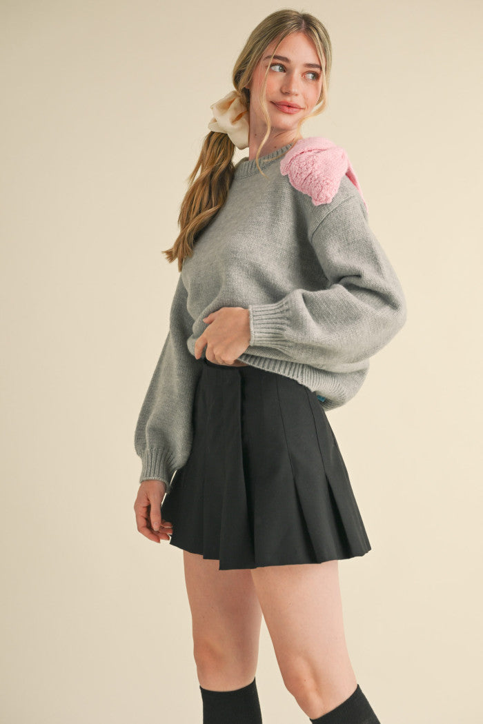 Bow Shoulder Sweater - Heather Grey/Light Pink