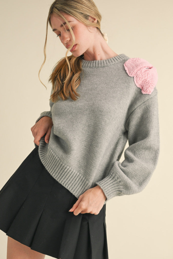 Bow Shoulder Sweater - Heather Grey/Light Pink