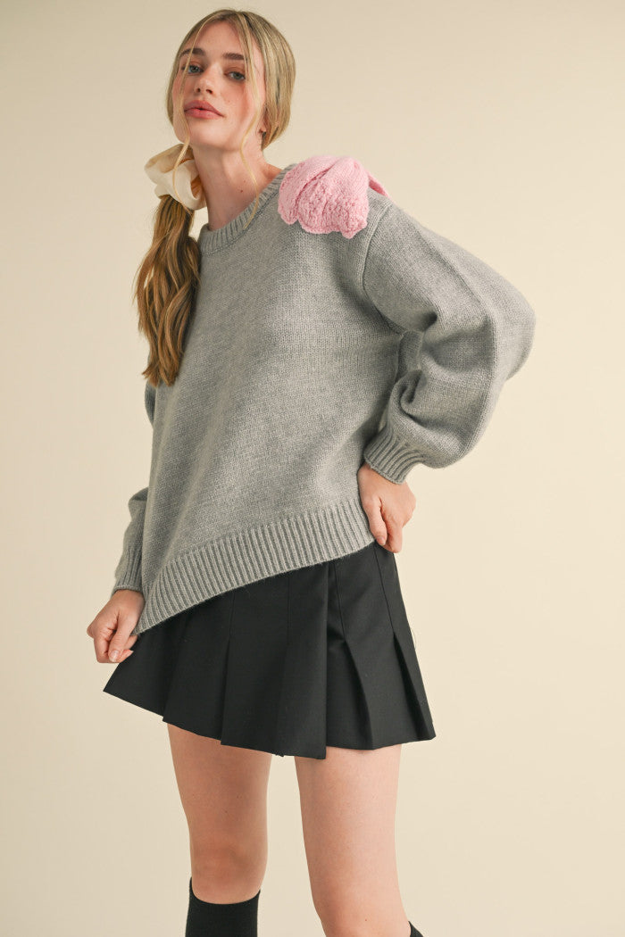Bow Shoulder Sweater - Heather Grey/Light Pink