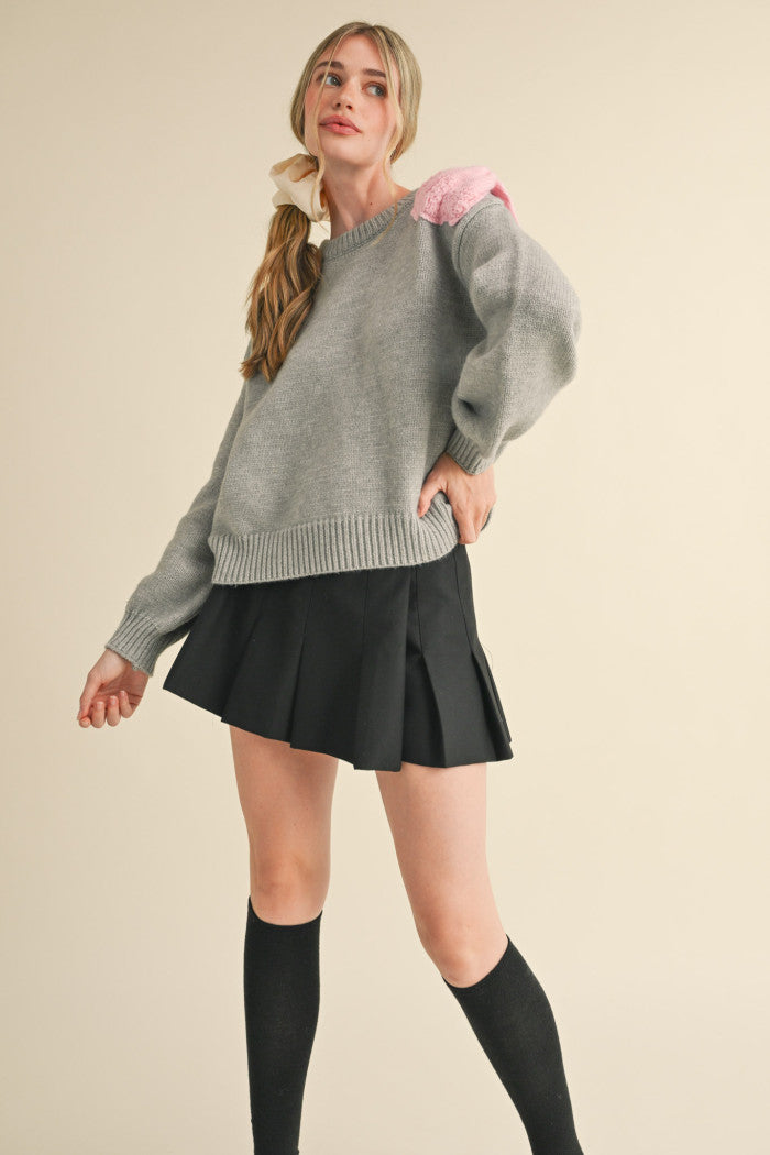 Bow Shoulder Sweater - Heather Grey/Light Pink