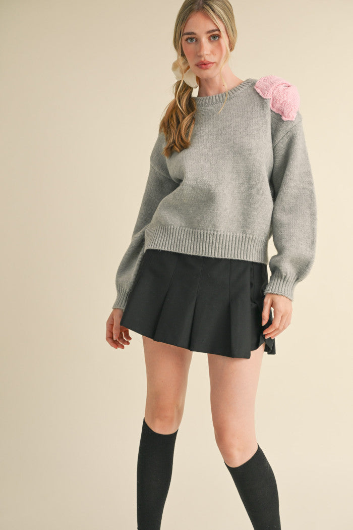 Bow Shoulder Sweater - Heather Grey/Light Pink