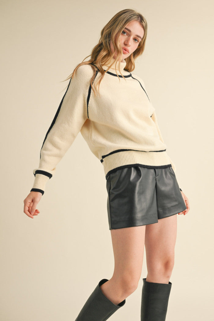 Turtleneck Contrast Trim Sweater - Ivory