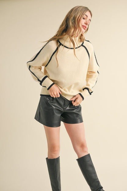 Turtleneck Contrast Trim Sweater - Ivory