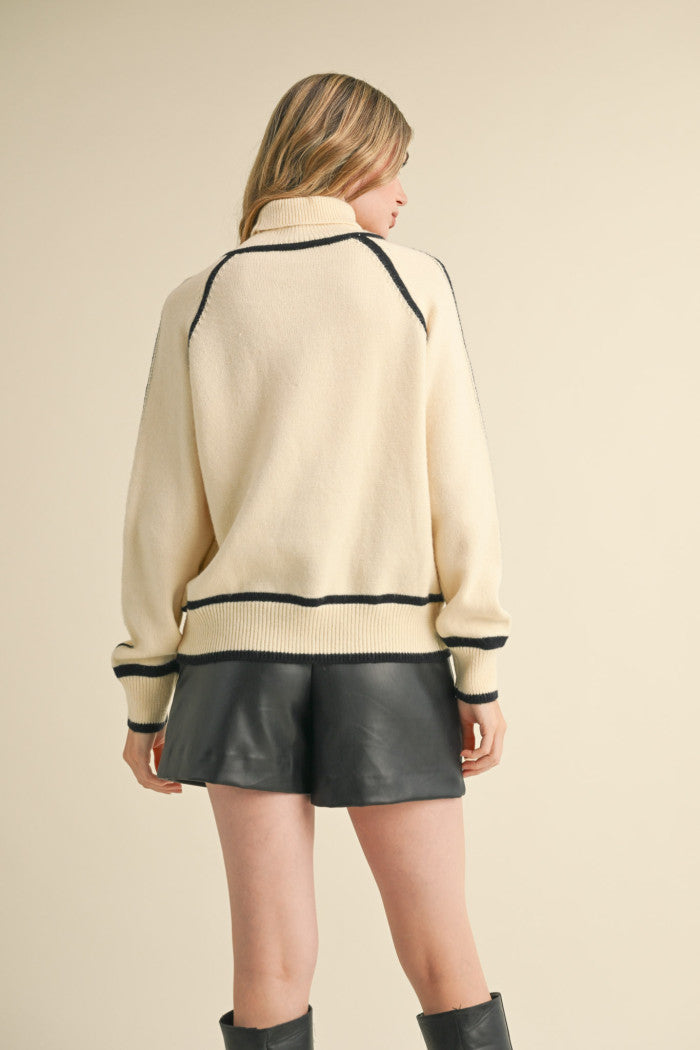 Turtleneck Contrast Trim Sweater - Ivory