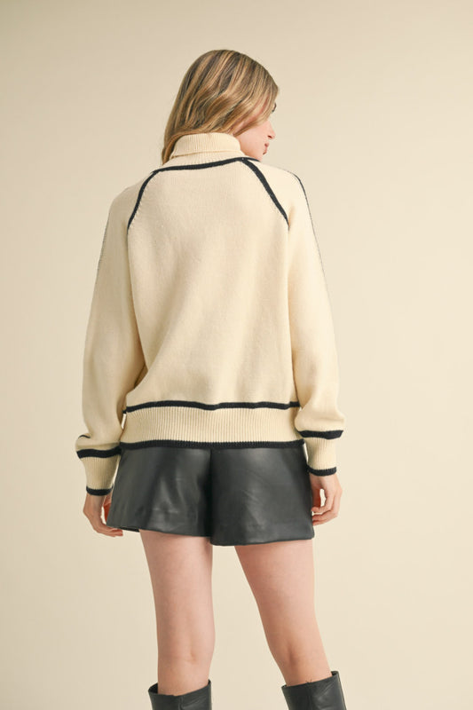 Turtleneck Contrast Trim Sweater - Ivory