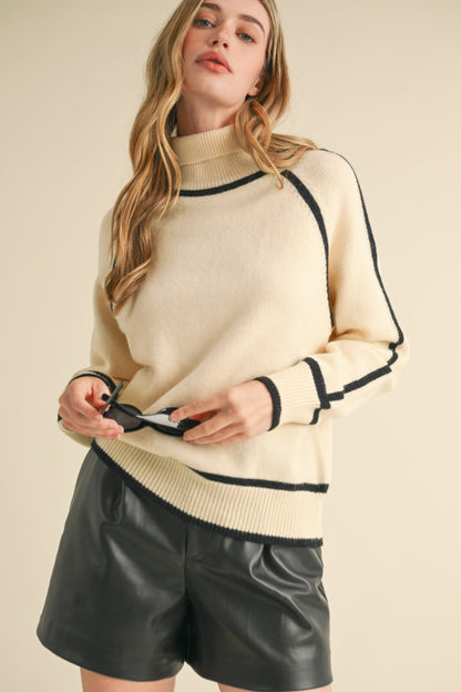 Turtleneck Contrast Trim Sweater - Ivory
