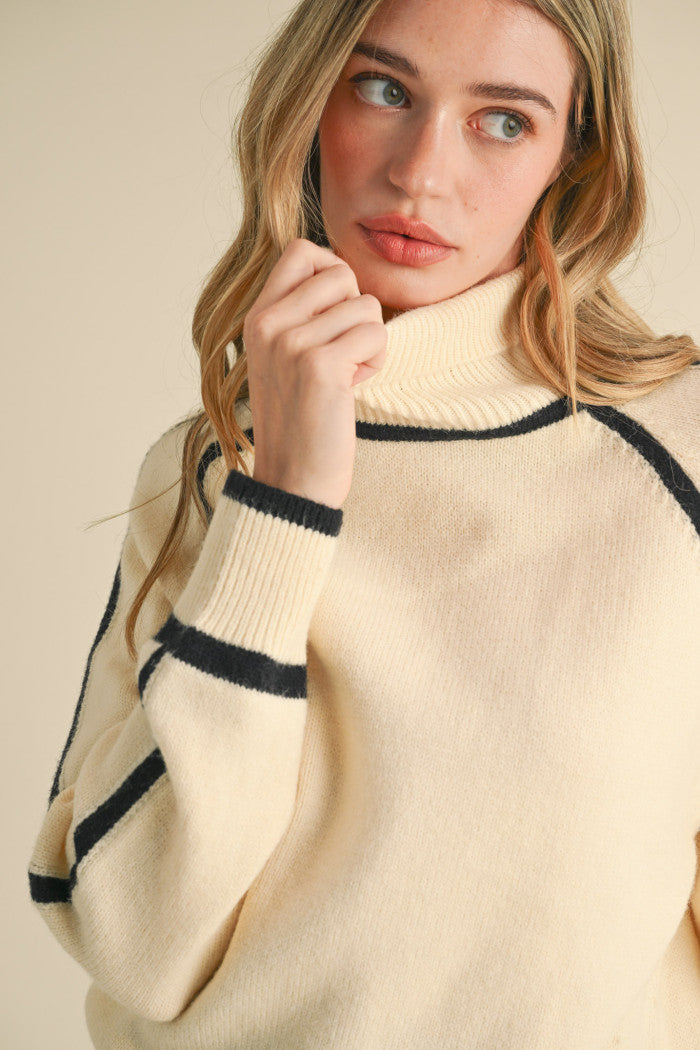 Turtleneck Contrast Trim Sweater - Ivory