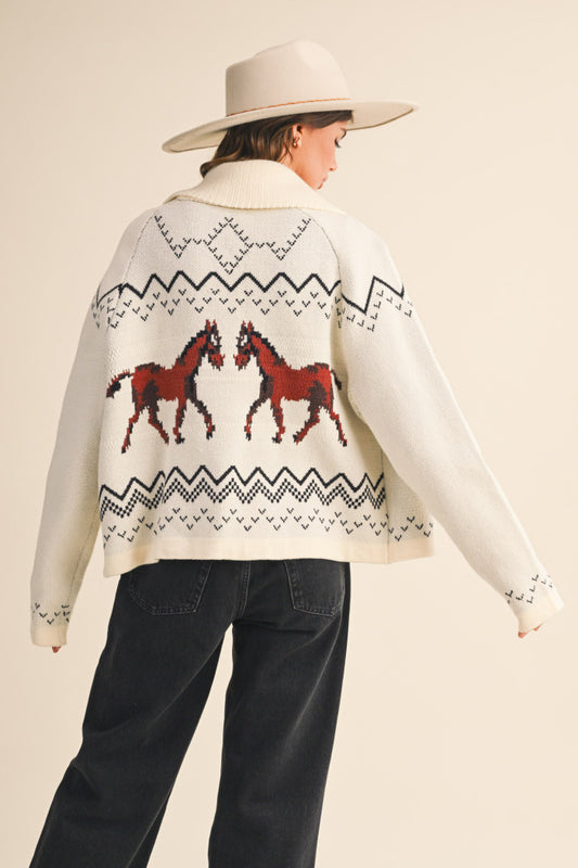 Horse Knit Sweater Cardigan - Ivory